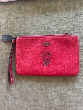 Coach Red Pebbled Leather Wristlet with Minnie Mouse Jammer Roller Derby